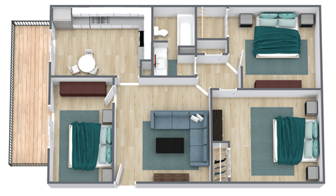 a 3d floor plan of a bedroom with a living room